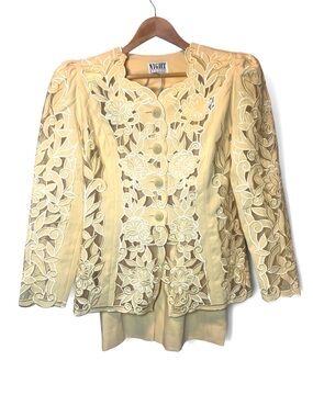 Vintage 2 PIece Night Studio Yellow Floral Lace Button-Up Jacket Suit Dress 12